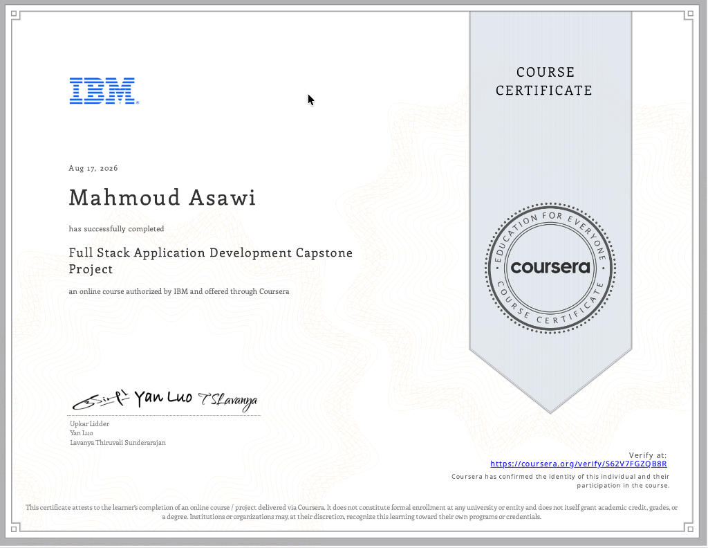 Full Stack Application Development Capstone Project V2
